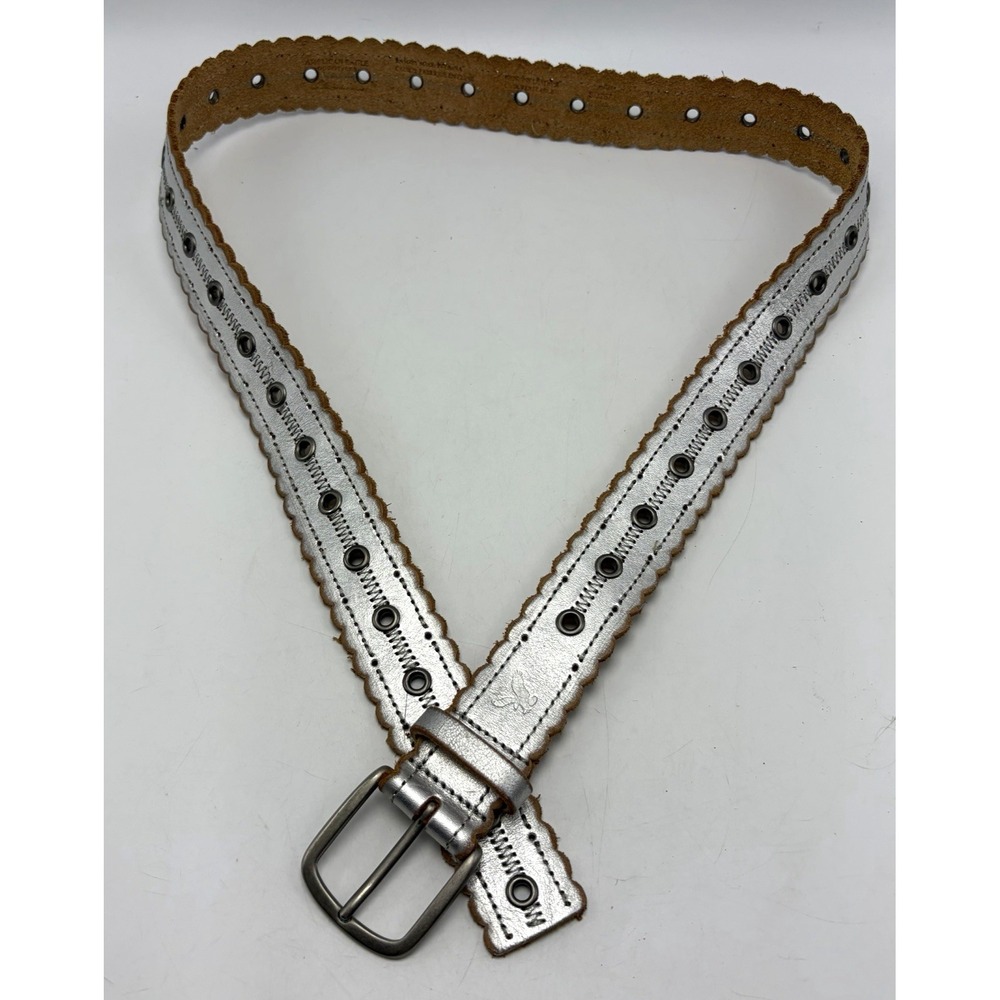 American Eagle AE Leather Belt Womens Medium Silver Logo Scalopped Boho